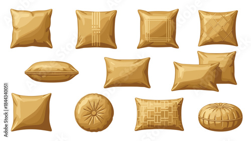 Sophisticated collection of plush gold and beige pillows in various shapes and sizes, showcasing elegant subtle textures and designs.