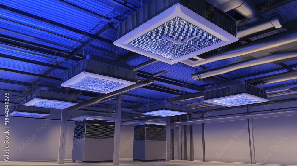 Fototapeta premium Industrial Air Purification Systems in a Blue Commercial Building