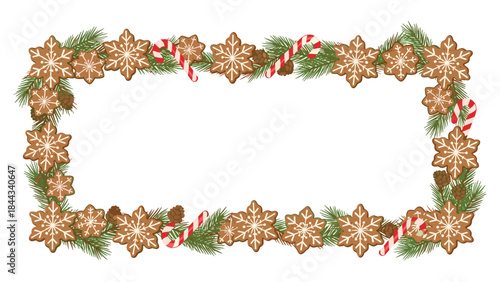 Festive rectangular Christmas frame border crafted from gingerbread snowflake cookies, candy canes, pine sprigs, and pine cones.