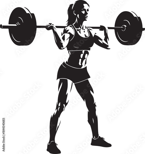 Strong woman lifting weights in black and white