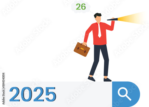 Businessman forecasting future trends with telescope on 2025 search bar looking for 2026 opportunity business vision strategic planning new year goals