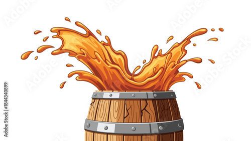 Vibrant and expansive splash of golden amber liquid bursting dramatically from a rustic wooden barrel, perfect for beverage themes.
