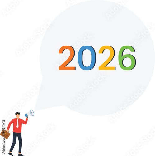Businessman announcing 2026 new year with megaphone for business plan future goals corporate strategy market forecast annual report company announcement financial outlook