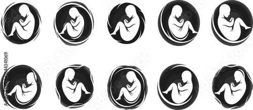 Set of Human Fetus Embryo in Uterus Icons Black and White Vector Illustration Pregnancy Symbol Logo Design Template Medical Health Care Concept