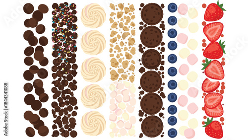 Diverse array of vertical stripes showcasing popular dessert toppings including chocolate balls, colorful sprinkles, meringues, and fresh strawberries.