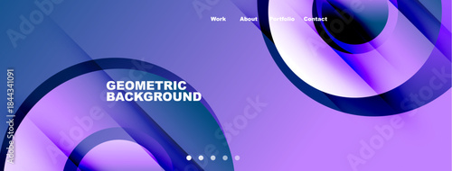 Abstract design features flowing shapes, vibrant colors. Text includes work, about, portfolio, contact. Modern, dynamic visual presentation.