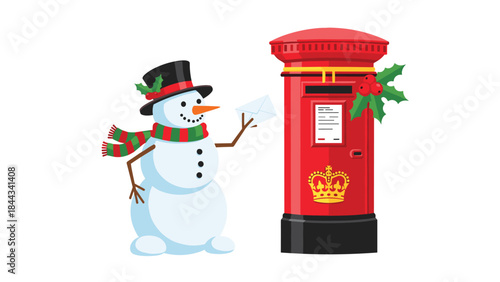 Cheerful snowman wearing a festive hat and scarf, posting a holiday letter into a traditional British red post box decorated with holly.