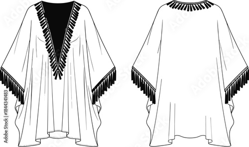Women's Boho Fringe Kaftan Dress Cover-up Technical CAD Drawing Flat Vector Illustration Front and Back View Resort Wear Beachwear Fashion Design Template,