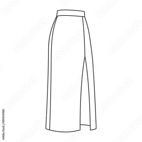 A minimalist line art illustration of a fashionable long skirt with a high-waisted fit and side slit