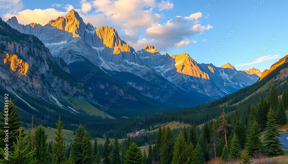 Obraz premium Majestic Rocky Mountain peaks bathed in golden light, towering over a pristine alpine valley with scattered evergreen forests, western, destination