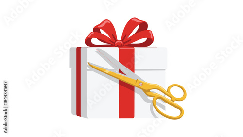 Beautifully wrapped white gift box tied with a bright red ribbon, with golden scissors poised on top, ready for unwrapping.