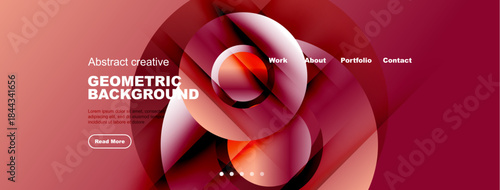 Modern website mockup. Red geometric shapes dominate design. Navigation includes work, about, portfolio, contact options. Button invites further exploration.