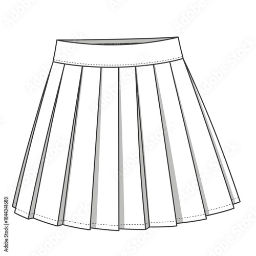 Detailed technical drawing of a fashion pleated skirt design with flat waistband