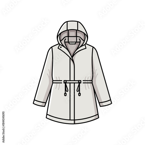 A technical illustration of a light grey hooded jacket with drawstring waist for women
