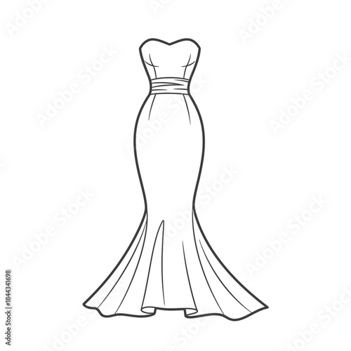 A line art sketch of a strapless mermaid evening gown with sweetheart neckline