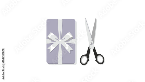 Stylish lavender-colored gift box adorned with a delicate white ribbon, accompanied by silver scissors, ready for unwrapping.