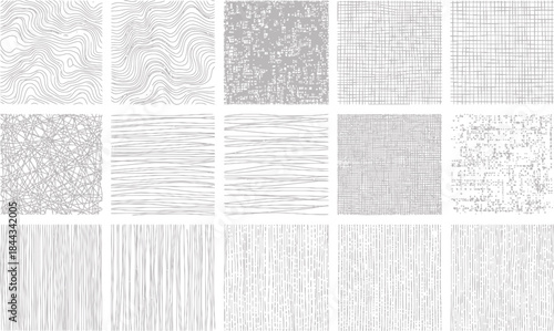 Modern collection of seamless vector patterns, featuring abstract lines, waves, and subtle textures in grayscale for elegant graphic design