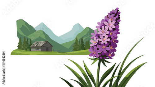 Picturesque scene combining a vibrant purple flower in the foreground with a rustic wooden cabin nestled among green mountains in the background.