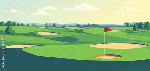 Flat vector illustration of a scenic golf course landscape with green fairways, sand traps, and a flagstick in a hole,  spring,  nature