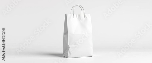 Plain white paper grocery bag, standing upright on a neutral background,  product,  backdrop