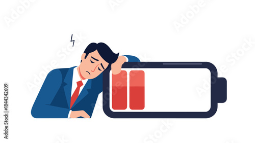 Fatigued businessman leaning exhaustedly on a large battery icon displaying a low charge, metaphorically representing burnout and low energy.