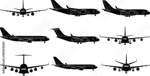 Black Silhouette Set of Nine Detailed Commercial and Cargo Aircraft, Featuring Various Airplane Views for Travel and Transportation Design Projects.