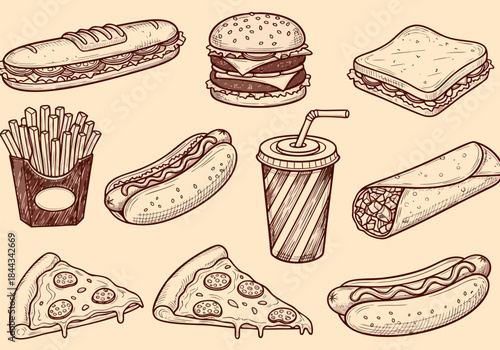 A vintage-style illustration showcasing a variety of popular fast food items, including pizza, burgers, hot dogs, fries, and drinks.