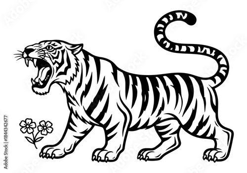 A black and white illustration of a roaring tiger with its mouth open, standing next to two small flowers.