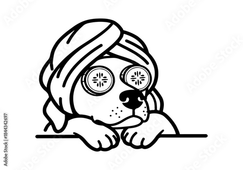 A black and white illustration of a dog wearing a towel on its head and cucumber slices over its eyes.