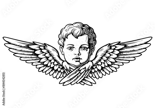 A detailed black and white illustration of a cherub's head with large, outstretched wings.