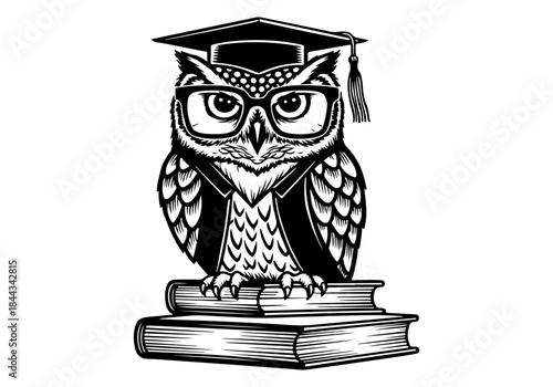 An illustration of an owl wearing glasses and a graduation cap, perched atop a stack of books.
