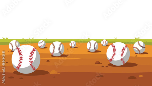 Field full of classic baseballs scattered across the dirt infield, with green grass and a clear sky in the background.