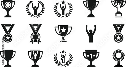 Black Silhouette Set of 15 Trophy and Award Icons, Including Medals, Laurels, and Winners Raising Hands, Isolated on White Background.