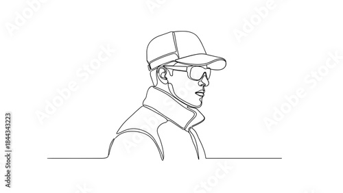 Line art of man wearing cap and sunglasses in profile view  