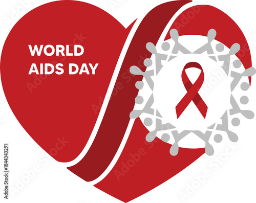 World aids day heart symbol with red ribbon and people chain graphic