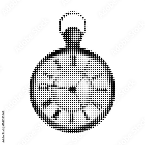 Vintage pocket watch in halftone dot style. Black and white retro timepiece illustration symbolizing time, deadline, punctuality, history, and classic design, isolated on white.
