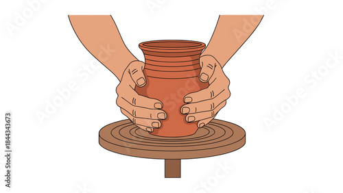 Captivating scene of hands meticulously forming a clay pot on a rotating potter's wheel, demonstrating the ancient art of ceramics.