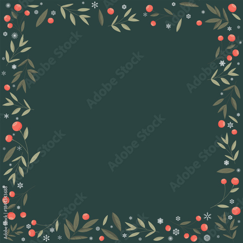 Holly berry and snowflake decoration square frame on green background