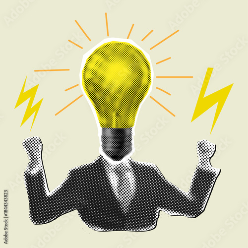 A unique halftone collage of a businessman with a lightbulb head, business idea concept,creative solution