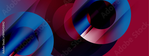 Abstract composition featuring overlapping circles, vibrant blue, deep red hues. Smooth gradients create dynamic visual effect.