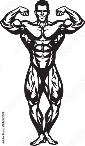 Bodybuilder flexing double biceps pose black and white