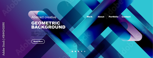 Abstract geometric background design. Vibrant purple, blue gradients create modern website header. Text elements present, navigation visible.
