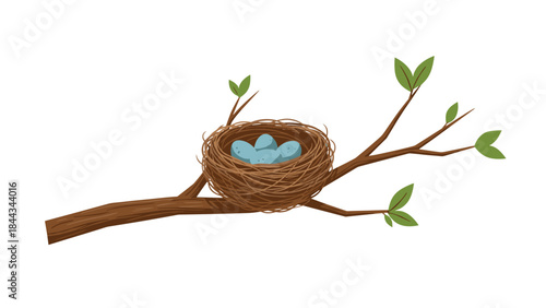 Charming bird's nest containing three light blue eggs, securely resting on a sturdy tree branch with fresh green leaves.