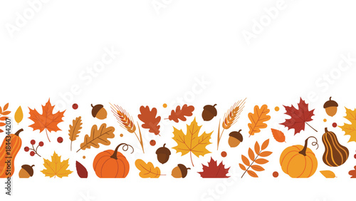 Rich and diverse horizontal border pattern showcasing a beautiful assortment of autumn elements including maple leaves, pumpkins, acorns, berries, and wheat stalks.