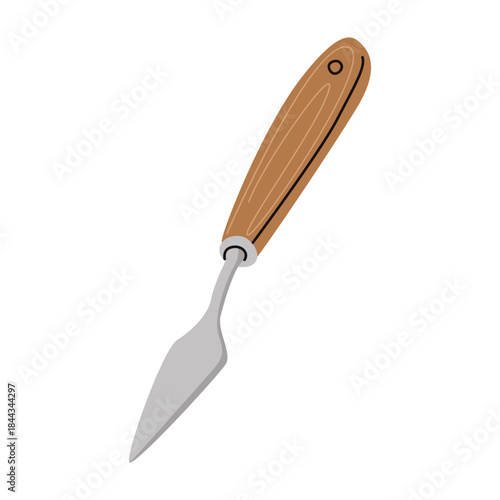 Art palette knife isolated on white background. Wooden handle and steel spatula for work with oil and acrylic paints. Vector illustration for creative projects, blogs about needlework.