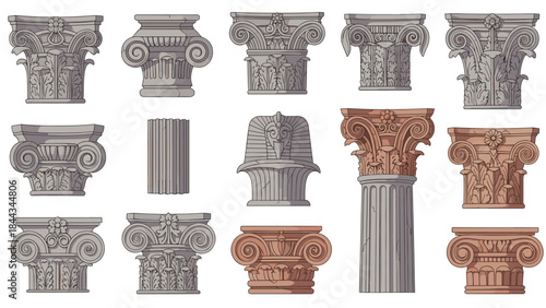 Comprehensive collection of diverse ancient column capitals and fragments, showcasing a rich variety of classical architectural styles.