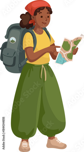 Flat style illustration of a young traveler with a backpack holding a map and planning a route.