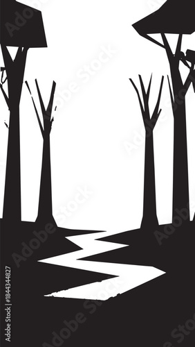 Silhouetted bare trees over a winding river in stark landscape.