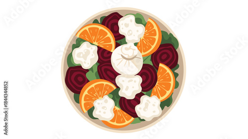 Vibrant and fresh salad bowl featuring mixed greens, thinly sliced beetroot, juicy orange segments, and creamy burrata cheese.