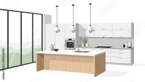 Sleek and modern minimalist kitchen interior design, featuring white cabinetry, a stylish wooden island, elegant pendant lights, and expansive windows.
